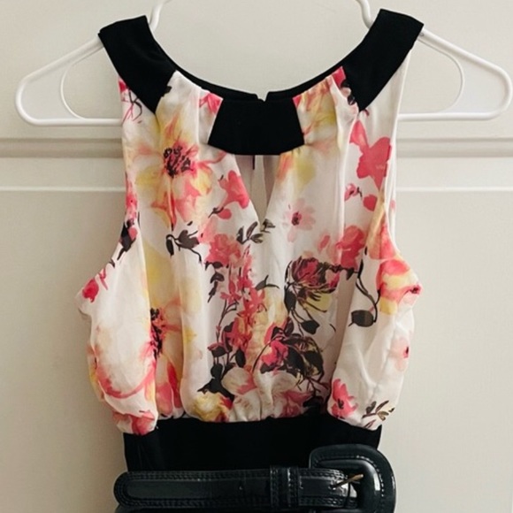 IZ Byer Belted Black Sleeveless High Waist Floral Dress - Picture 3 of 9